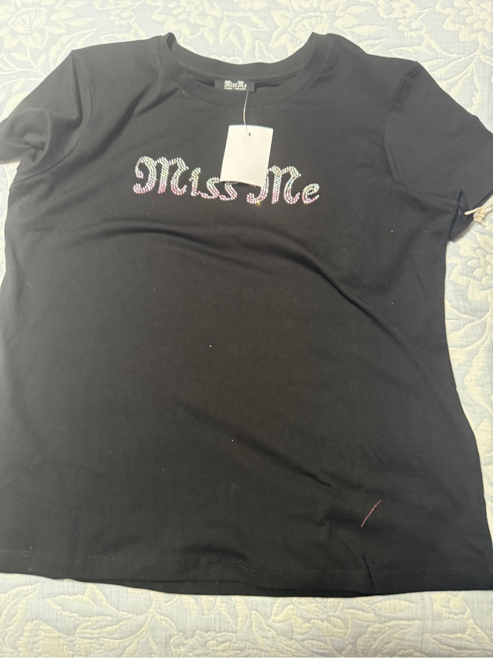 Miss Me Black Short Sleeve Tee with Multicolor Rhinestone Logo